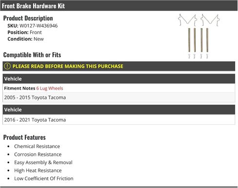 Front Brake Hardware Kit - Compatible with 2005-2021 Toyota Tacoma (with 6-Lug Wheels) in Saudi Arabia