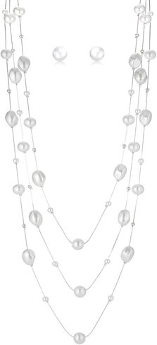 Long Pearl Necklace and Earring Set Layered Pearl Beaded Necklaces for Women White Costume Jewelry Sets Gifts for Mom in Saudi Arabia