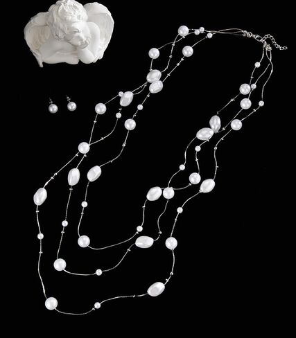 Long Pearl Necklace and Earring Set Layered Pearl Beaded Necklaces for Women White Costume Jewelry Sets Gifts for Mom in Saudi Arabia