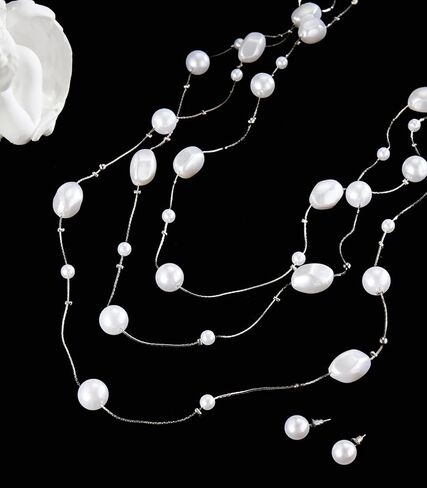 Long Pearl Necklace and Earring Set Layered Pearl Beaded Necklaces for Women White Costume Jewelry Sets Gifts for Mom in Saudi Arabia