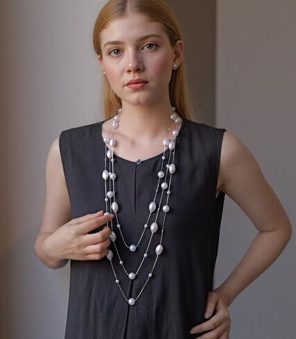 Long Pearl Necklace and Earring Set Layered Pearl Beaded Necklaces for Women White Costume Jewelry Sets Gifts for Mom in Saudi Arabia