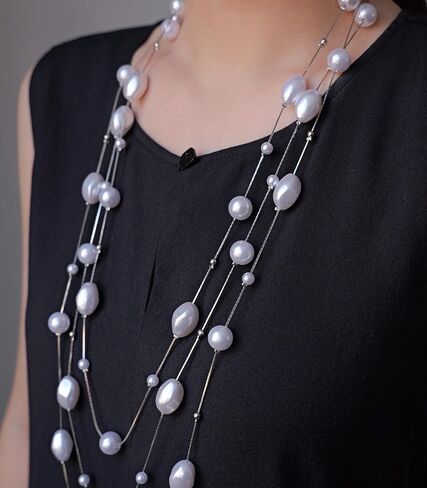 Long Pearl Necklace and Earring Set Layered Pearl Beaded Necklaces for Women White Costume Jewelry Sets Gifts for Mom in Saudi Arabia