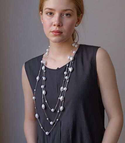 Long Pearl Necklace and Earring Set Layered Pearl Beaded Necklaces for Women White Costume Jewelry Sets Gifts for Mom in Saudi Arabia