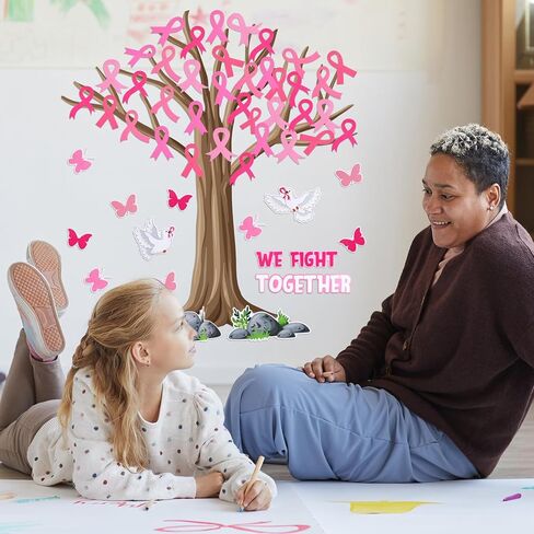 Colarr 57 Sheet Breast Cancer Awareness Tree Bulletin Board Set Pink Ribbon Classroom Tree Board Set Pink Ribbon Cutouts Classroom Bulletin Wall Decor Supplies for Chalkboard Wall Decor in Saudi Arabia