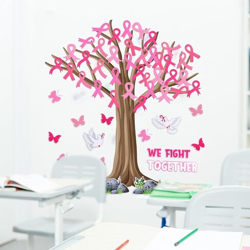 Colarr 57 Sheet Breast Cancer Awareness Tree Bulletin Board Set Pink Ribbon Classroom Tree Board Set Pink Ribbon Cutouts Classroom Bulletin Wall Decor Supplies for Chalkboard Wall Decor in Saudi Arabia