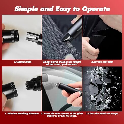 2pcs Safehammer ، 2 في 1 قاطع زجاجي وقاطع حزام الأمان ، أداة كسر نافذة السيارة للهروب في حالات الطوارئ (Red & Black) in Kuwait