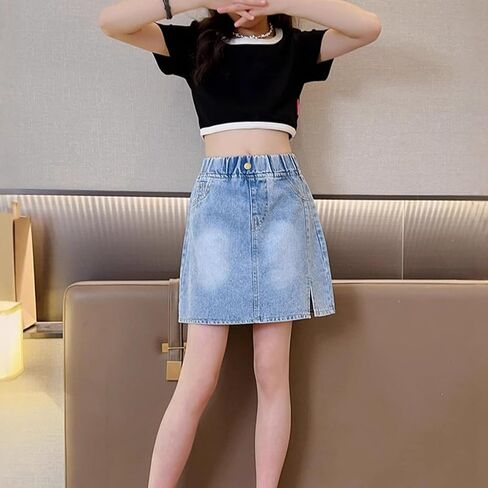 Skorts Skirts for Girls Denim Skirt Kids Side Slit High Waisted Jean Short Skirt Teens Stretchy Fashion Y2k Mini Dress Pocket in Saudi Arabia