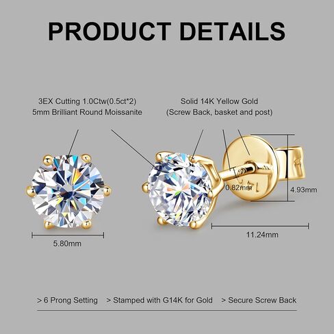10K or 14K Solid Yellow Gold Studs 1-2ct Moissanite Stud Earrings Jewelry Christmas Gift for Men Women, Round Solitaire Simulated Diamond Prong or Bezel Set Earrings with Gold Screw Backs in Kuwait