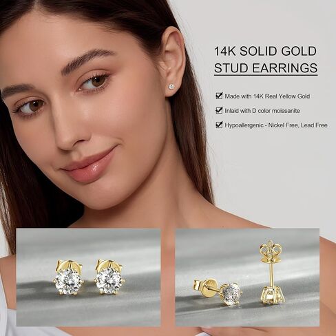 10K or 14K Solid Yellow Gold Studs 1-2ct Moissanite Stud Earrings Jewelry Christmas Gift for Men Women, Round Solitaire Simulated Diamond Prong or Bezel Set Earrings with Gold Screw Backs in Kuwait