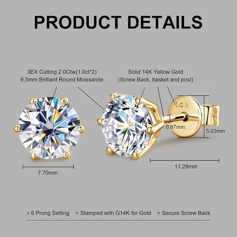 10K أو 14K عقيدة الذهب الأصفر الصلب 1-2CT Moissanite أقراط المجوهرات هدية عيد الميلاد للرجال ، in Kuwait