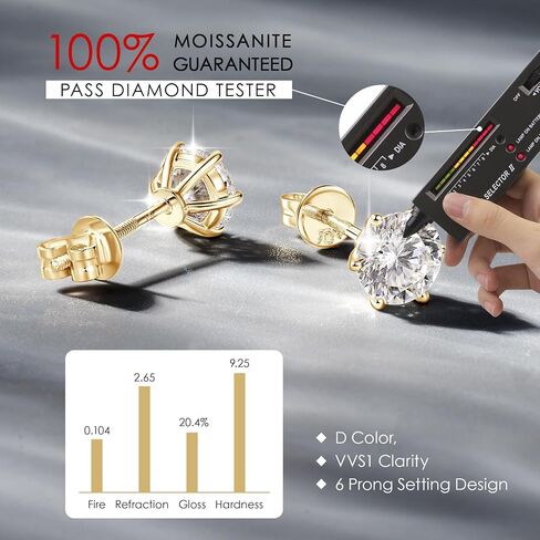 10K أو 14K عقيدة الذهب الأصفر الصلب 1-2CT Moissanite أقراط المجوهرات هدية عيد الميلاد للرجال ، in Kuwait