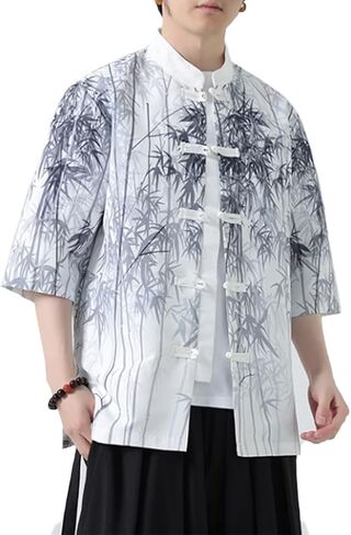HZCX FASHION Mens Chinese Traditional Printed Tang Shirts Frog Button Down Kong Fu Short Sleeve Jacket in Saudi Arabia
