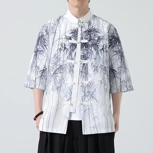 HZCX FASHION Mens Chinese Traditional Printed Tang Shirts Frog Button Down Kong Fu Short Sleeve Jacket in Saudi Arabia