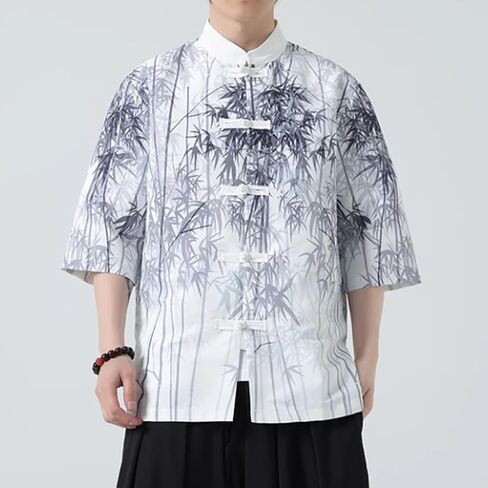 HZCX FASHION Mens Chinese Traditional Printed Tang Shirts Frog Button Down Kong Fu Short Sleeve Jacket in Saudi Arabia