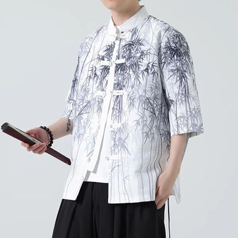 HZCX FASHION Mens Chinese Traditional Printed Tang Shirts Frog Button Down Kong Fu Short Sleeve Jacket in Saudi Arabia