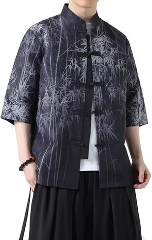 HZCX FASHION Mens Chinese Traditional Printed Tang Shirts Frog Button Down Kong Fu Short Sleeve Jacket in Saudi Arabia