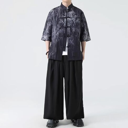 HZCX FASHION Mens Chinese Traditional Printed Tang Shirts Frog Button Down Kong Fu Short Sleeve Jacket in Saudi Arabia