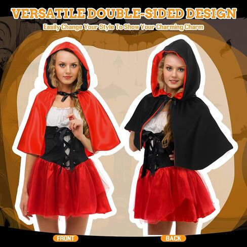 Newcotte Halloween Short Reversible Black and Red Hooded Cloak Costume Hood Polyester Cape Cloak Masquerade Cape Costume for Cosplay & Party & Festive Events, 13 Inch Adult Size in Saudi Arabia