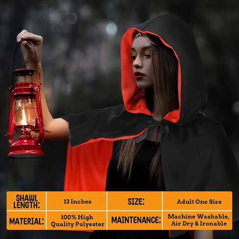 Newcotte Halloween Short Reversible Black and Red Hooded Cloak Costume Hood Polyester Cape Cloak Masquerade Cape Costume for Cosplay & Party & Festive Events, 13 Inch Adult Size in Saudi Arabia