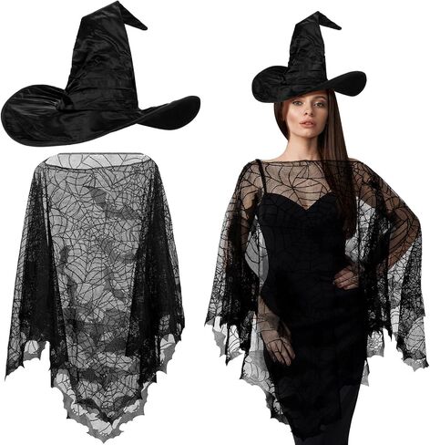 Liitrsh 2 PCS Halloween Witch Wathume Women Witch Hat و Cape Plus Bats Spider Web Poncho for البالغين للتنكر الكسبل in Saudi Arabia