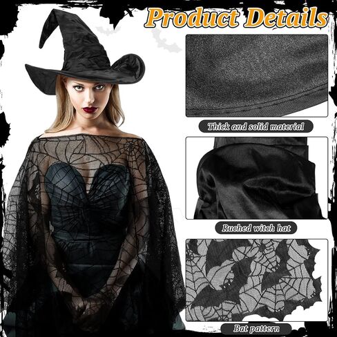 Liitrsh 2 PCS Halloween Witch Wathume Women Witch Hat و Cape Plus Bats Spider Web Poncho for البالغين للتنكر الكسبل in Saudi Arabia
