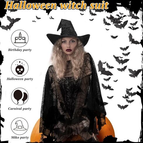 Liitrsh 2 PCS Halloween Witch Wathume Women Witch Hat و Cape Plus Bats Spider Web Poncho for البالغين للتنكر الكسبل in Saudi Arabia