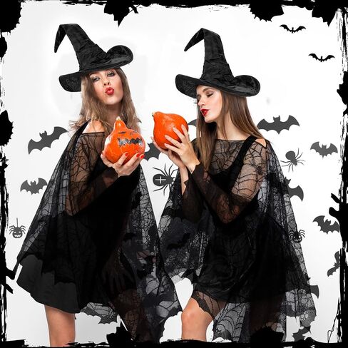 Liitrsh 2 PCS Halloween Witch Wathume Women Witch Hat و Cape Plus Bats Spider Web Poncho for البالغين للتنكر الكسبل in Saudi Arabia