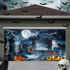 7x16ft Large Halloween Garage Door Decorations Backdrop Scary Cemetery Halloween Garage Door Banner Backdrop Spooky Skull Graveyard Forest Skeleton Halloween Garage Door Cover Decorations in Saudi Arabia