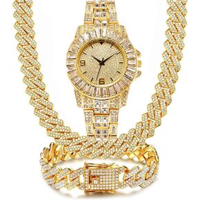 3PC Watch Necklace Bracelet Jewelry Set Luxury Men Diamond Watches 18K Gold Plated Full Iced Out Rhinestone Quartz Analog Wristwatch Stainless Steel Band Bracelet Set in Saudi Arabia