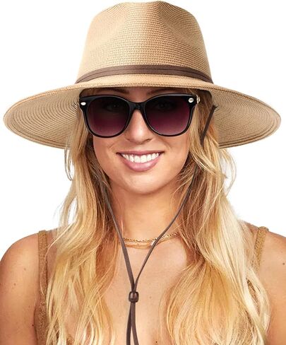 FURTALK Womens Sun Hat Summer Straw Beach Hats UPF 80+ Wide Brim Panama Fedora Hats with Wind Lanyard in Saudi Arabia
