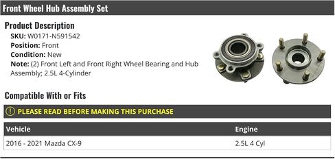 Front Wheel Bearing Hub Assembly Set of 2 - Compatible with 2016-2021 Mazda CX-9 2.5L 4-Cylinder in Saudi Arabia
