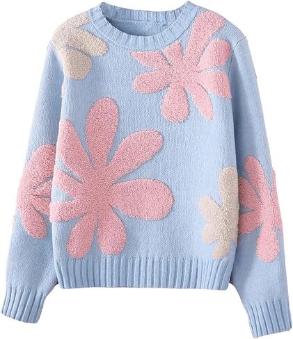 Girl's Floral Print Crew Neck Loose Sweater Long Sleeve Vintage Pullovers Sweater Jumper Tops in Saudi Arabia