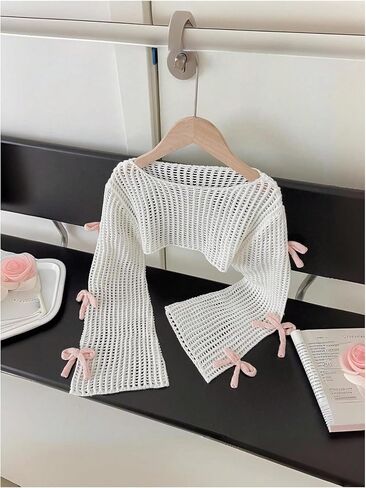 Floerns Girl's Cute Bow Long Sleeve Hollow Out Sweater Boat Neck Cover Up Cropped Top in Saudi Arabia