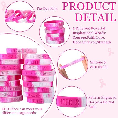 Liliful Breast Cancer Awareness Bracelet Pink Ribbon Silicone Bracelets Engraved 6 Words Hope Faith Courage Survivor Love Strength Wristbands Breast Cancer Awareness Accessories in Saudi Arabia