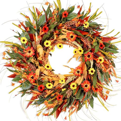 24" Fall Wreaths for Front Door Outside, Autumn Door Wreath with Eucalyptus/Daisies, Large Fall Wreath for Halloween Thanksgiving, Farmhouse Indoor Outdoor Home Decor, Harvest Front Door Wreaths Decor in Saudi Arabia