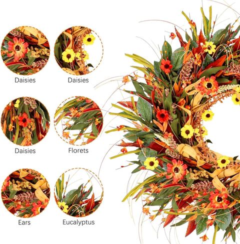24" Fall Wreaths for Front Door Outside, Autumn Door Wreath with Eucalyptus/Daisies, Large Fall Wreath for Halloween Thanksgiving, Farmhouse Indoor Outdoor Home Decor, Harvest Front Door Wreaths Decor in Saudi Arabia