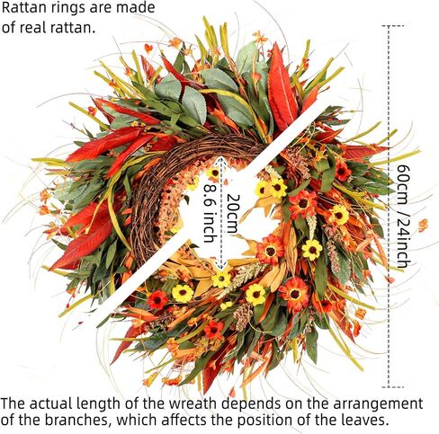 24" Fall Wreaths for Front Door Outside, Autumn Door Wreath with Eucalyptus/Daisies, Large Fall Wreath for Halloween Thanksgiving, Farmhouse Indoor Outdoor Home Decor, Harvest Front Door Wreaths Decor in Saudi Arabia