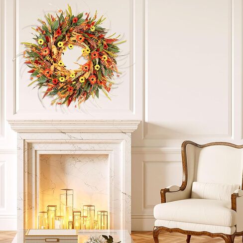 24" Fall Wreaths for Front Door Outside, Autumn Door Wreath with Eucalyptus/Daisies, Large Fall Wreath for Halloween Thanksgiving, Farmhouse Indoor Outdoor Home Decor, Harvest Front Door Wreaths Decor in Saudi Arabia