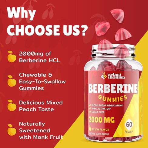 2000mg Berberine Supplement Gummies - High Potency Berberine with Ceylon Cinnamon Candy, Turmeric, Magnesium, Chromium - Sugar Free, Vegan, Non-GMO, Gluten-Free - Peach Flavor 60 Gummies - 1 Pack in Saudi Arabia