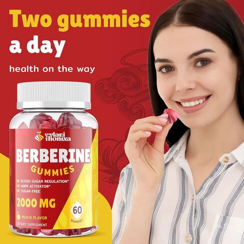 2000mg Berberine Supplement Gummies - High Potency Berberine with Ceylon Cinnamon Candy, Turmeric, Magnesium, Chromium - Sugar Free, Vegan, Non-GMO, Gluten-Free - Peach Flavor 60 Gummies - 1 Pack in Saudi Arabia
