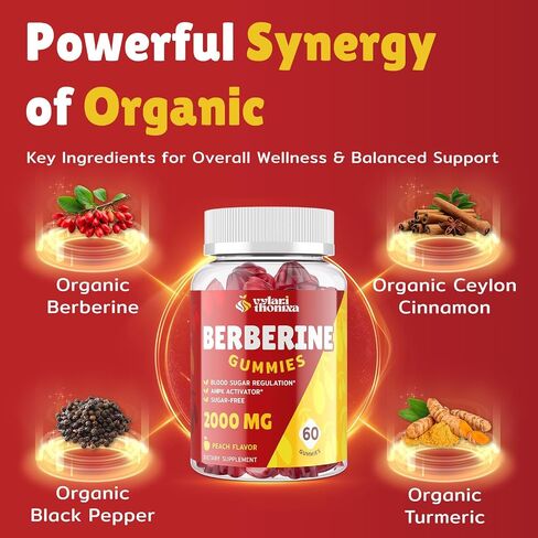 2000mg Berberine Supplement Gummies - High Potency Berberine with Ceylon Cinnamon Candy, Turmeric, Magnesium, Chromium - Sugar Free, Vegan, Non-GMO, Gluten-Free - Peach Flavor 60 Gummies - 1 Pack in Saudi Arabia