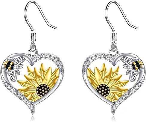 Bee Sunflower Heart Dangle Earrings Boho Bohemian Floral Flower Hook Earrings for Women Party Accessory, All-Season Wear in Saudi Arabia