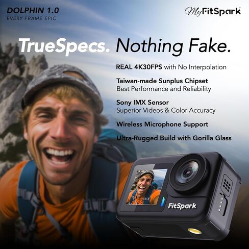 DOLPHIN 1.0 20M Body Waterproof Real 4K30FPS 20MP Dual Touchscreen WiFi Action Cam | Pre-Record | EIS+6Axis Gyro | No.1 Chipset-Sensor | Wide-Angle | Wireless MIC Support | 2 Batteries + Dock in Saudi Arabia