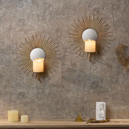 Aim & Ggkk Wall Candle Sconce Holder ، مجموعة من 2 Mirror Gall Metal Candle حامل للمنزل ، غرفة المعيشة ، غرفة الطعام ، مزرعة Rustic Boho ديكورات in Kuwait