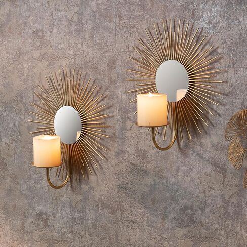 Aim & Ggkk Wall Candle Sconce Holder ، مجموعة من 2 Mirror Gall Metal Candle حامل للمنزل ، غرفة المعيشة ، غرفة الطعام ، مزرعة Rustic Boho ديكورات in Kuwait