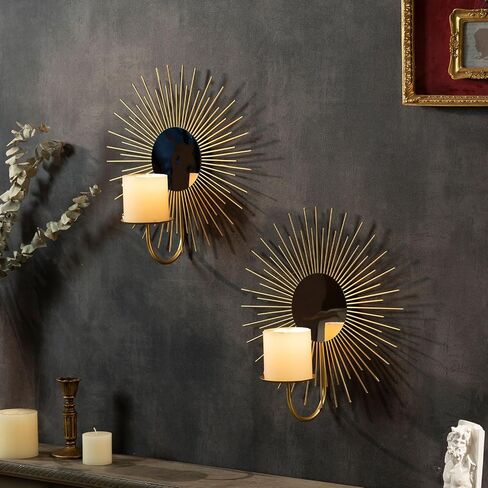 Aim & Ggkk Wall Candle Sconce Holder ، مجموعة من 2 Mirror Gall Metal Candle حامل للمنزل ، غرفة المعيشة ، غرفة الطعام ، مزرعة Rustic Boho ديكورات in Kuwait