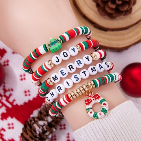 APXXAIBO Christmas - Themed Wreath Bracelet Set, Fashionable and Casual Style, Classic Christmas Color Scheme, Christmas Tree and Letter Beaded Bracelets in Saudi Arabia