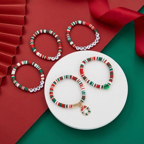 APXXAIBO Christmas - Themed Wreath Bracelet Set, Fashionable and Casual Style, Classic Christmas Color Scheme, Christmas Tree and Letter Beaded Bracelets in Saudi Arabia
