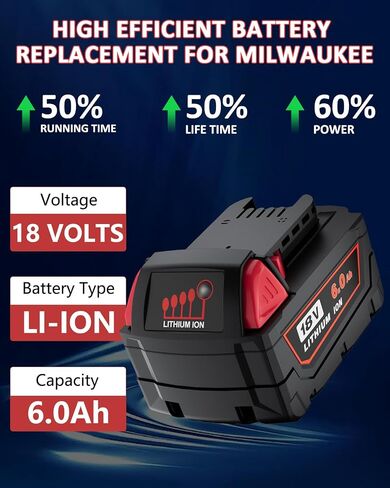 Replacement for All Milwaukee M18 Battery 6.0A 48-11-1820 48-11-1850 48-11-1828 48-11-10 Cordless Power Tools 18V Lithium Battery in Saudi Arabia