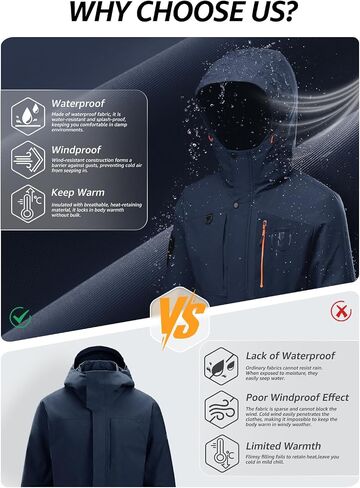 Men's Thermal Waterproof Windproof Jacket Hooded Insulated, Lightweight Winter Snow Coat with Multiple Pockets in Saudi Arabia